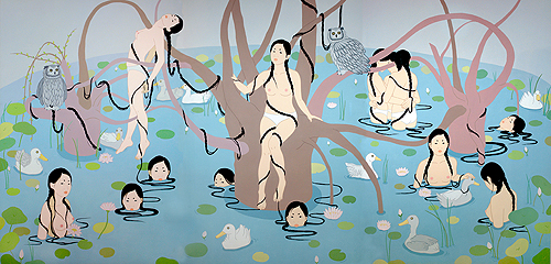 “Blooming pond”, 2008, acrílica sobre tela, 194 x 390 cm